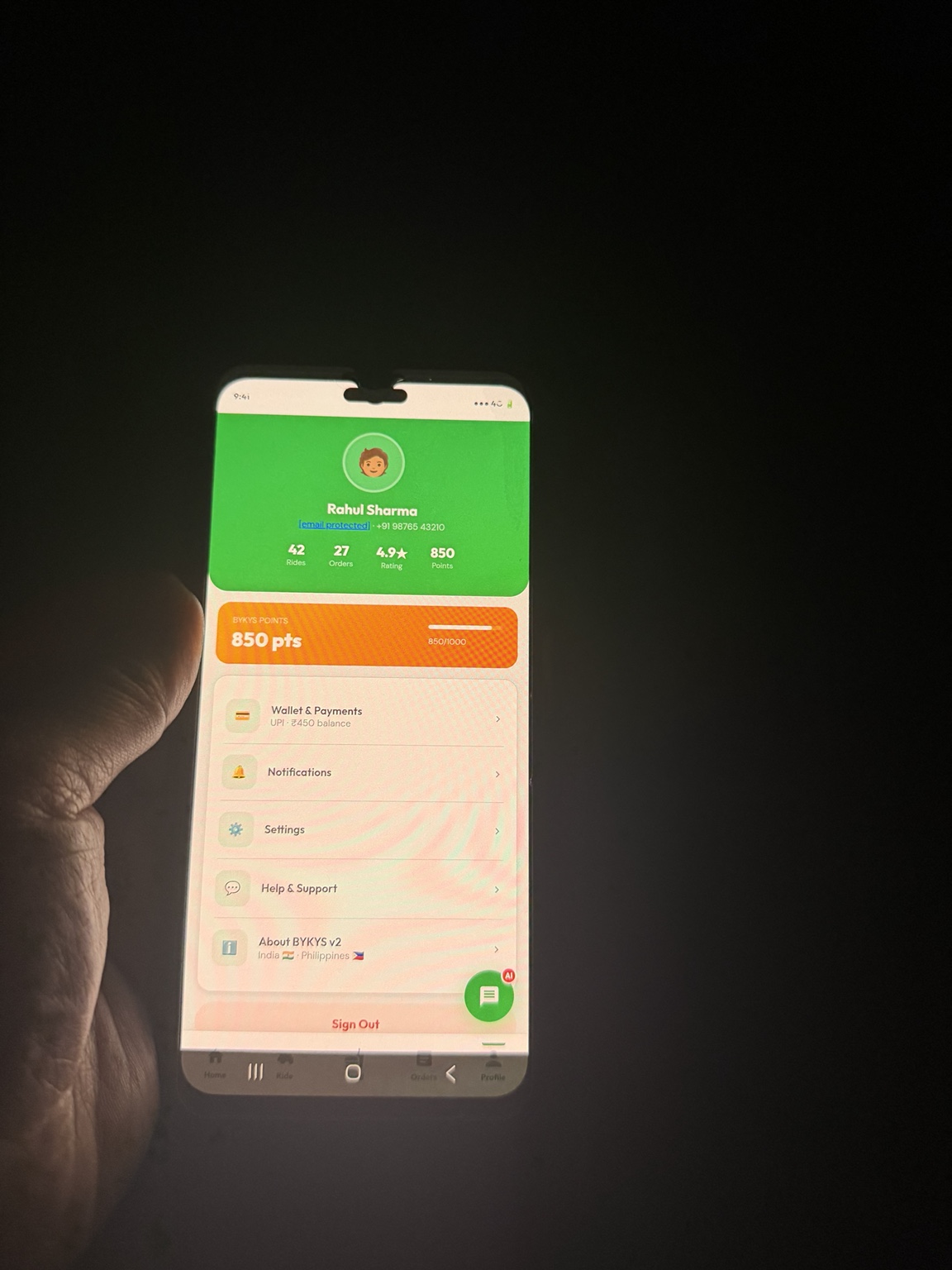 BYKYS profile screen showing wallet, notifications, settings, and support
